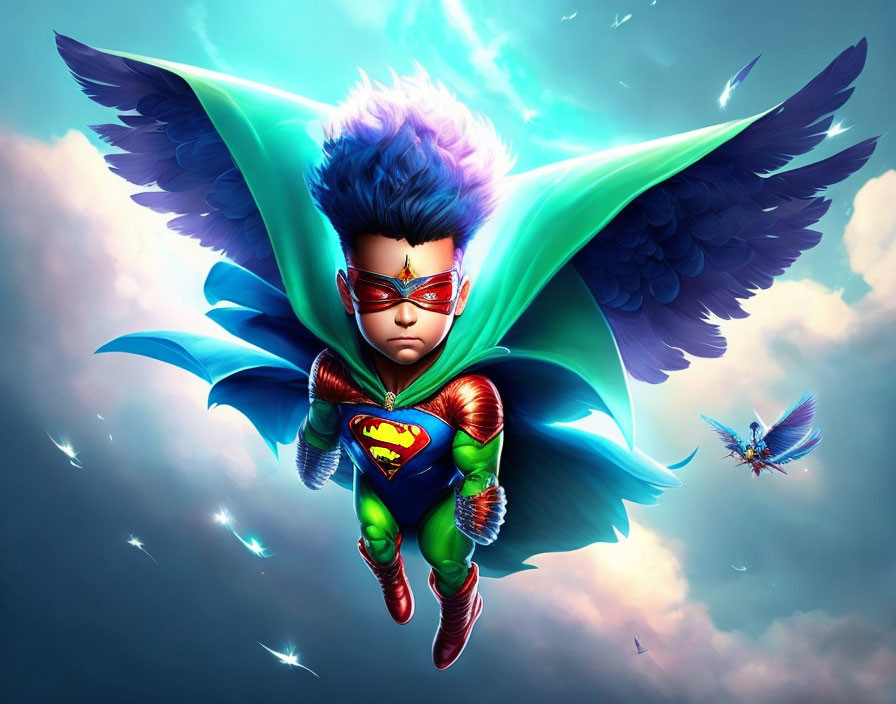 Child Superhero Flying with Cape and Mask Alongside Flying Creature in Cartoon-like Image