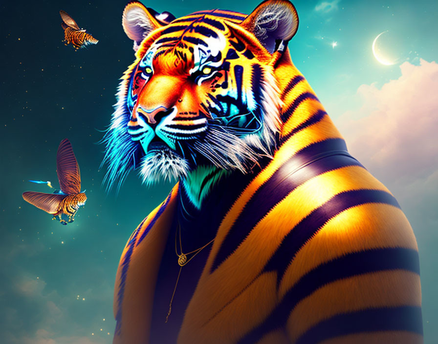 Surreal tiger with blue and orange stripes in night sky with moon and butterflies