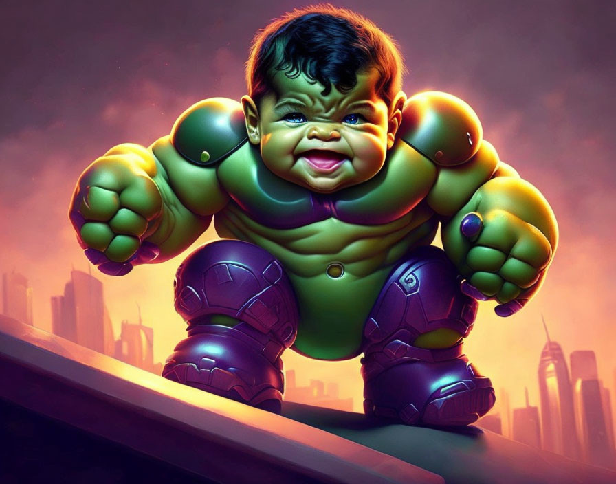 Baby with Hulk-like features in purple armor in cityscape at dusk