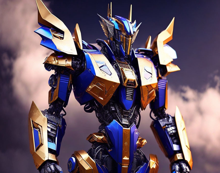 Detailed Blue and Gold Armored Robotic Character in Cloudy Sky Setting