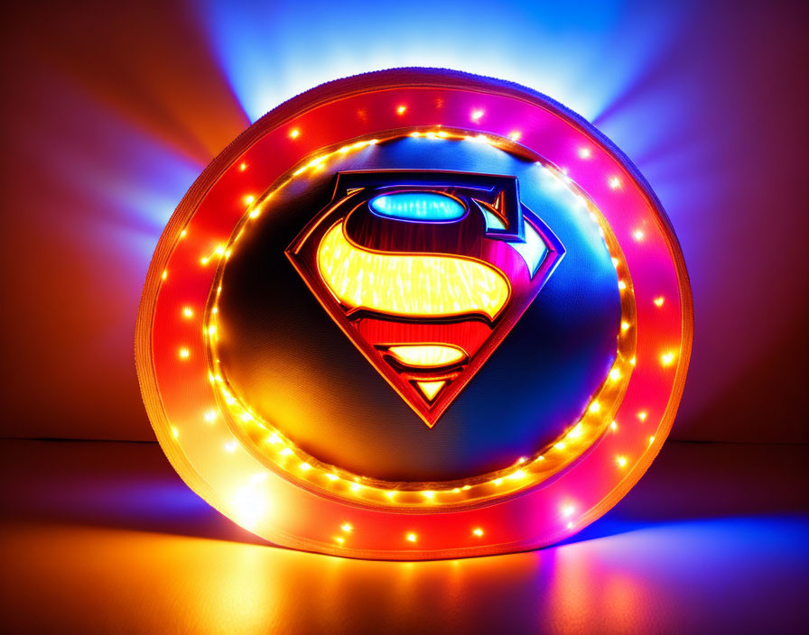 Colorful Superman logo with neon lights on gradient background