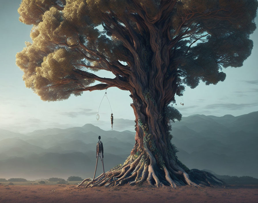 Surreal landscape with large tree, humanoid figure, and hanging light bulb