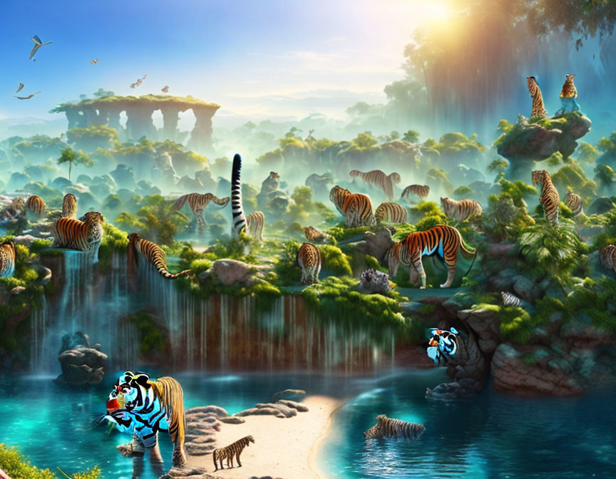 Fantastical landscape with tigers, waterfalls, lush greenery, and floating islands