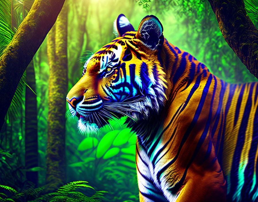 Vibrant tiger with blue stripes in lush green jungle