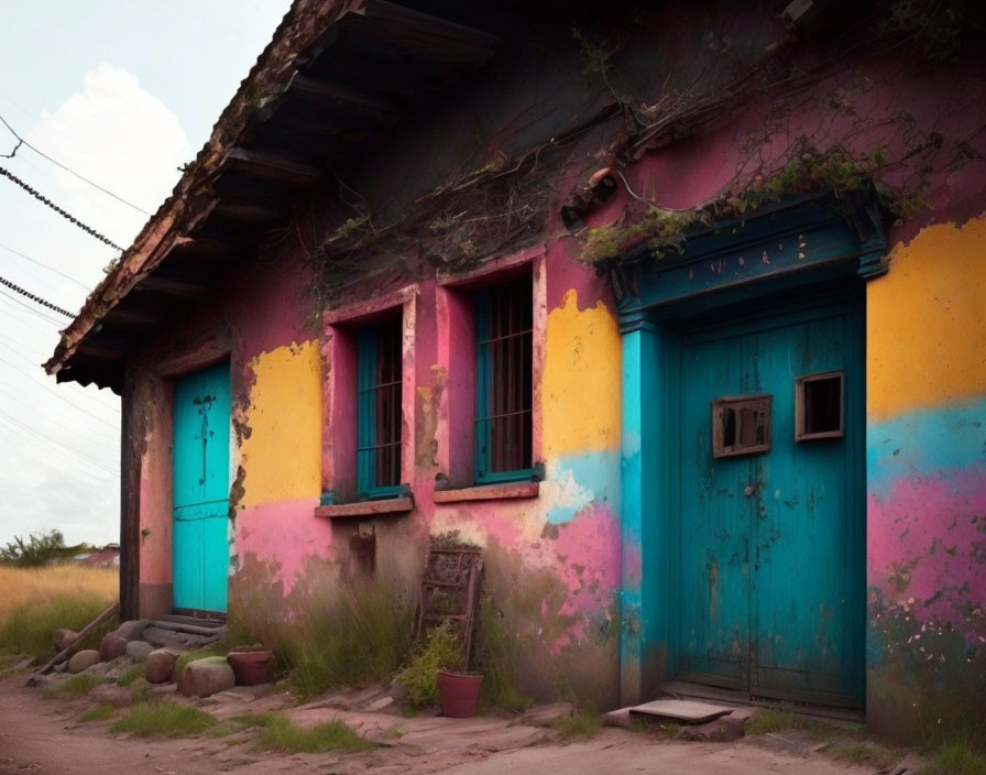 Colorful old house with peeling paint, blue door, yellow and pink walls, rustic roof.