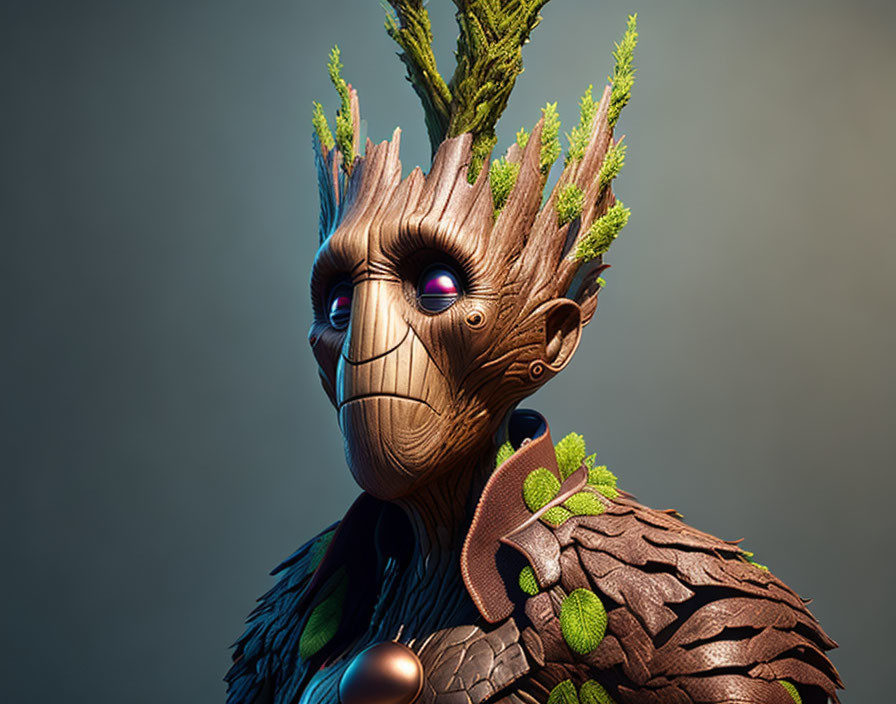 Tree-like creature with humanoid face, wooden texture, green foliage, purple glowing eyes