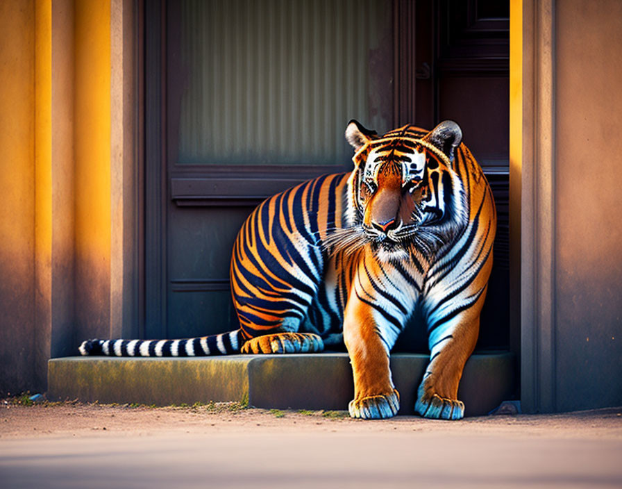 Majestic tiger with vibrant orange and black stripes on doorstep.