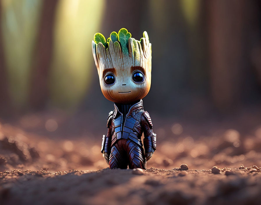 Smiling Groot-like toy figure in forest scene