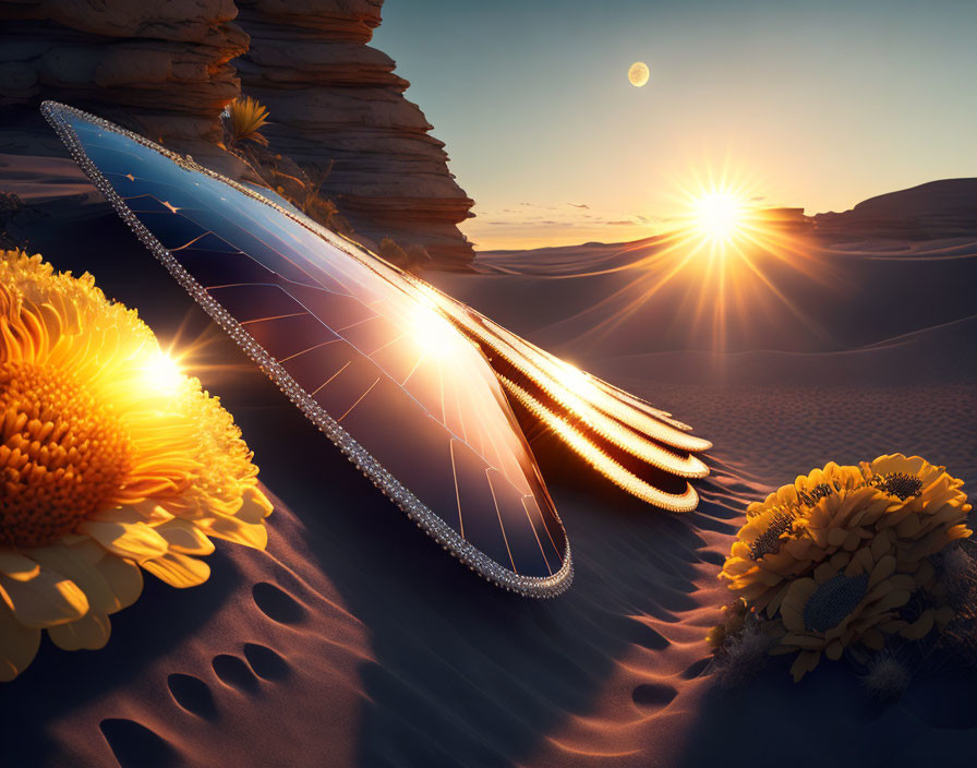 Giant sunflower-themed jewelry piece in desert sunset with small moon.