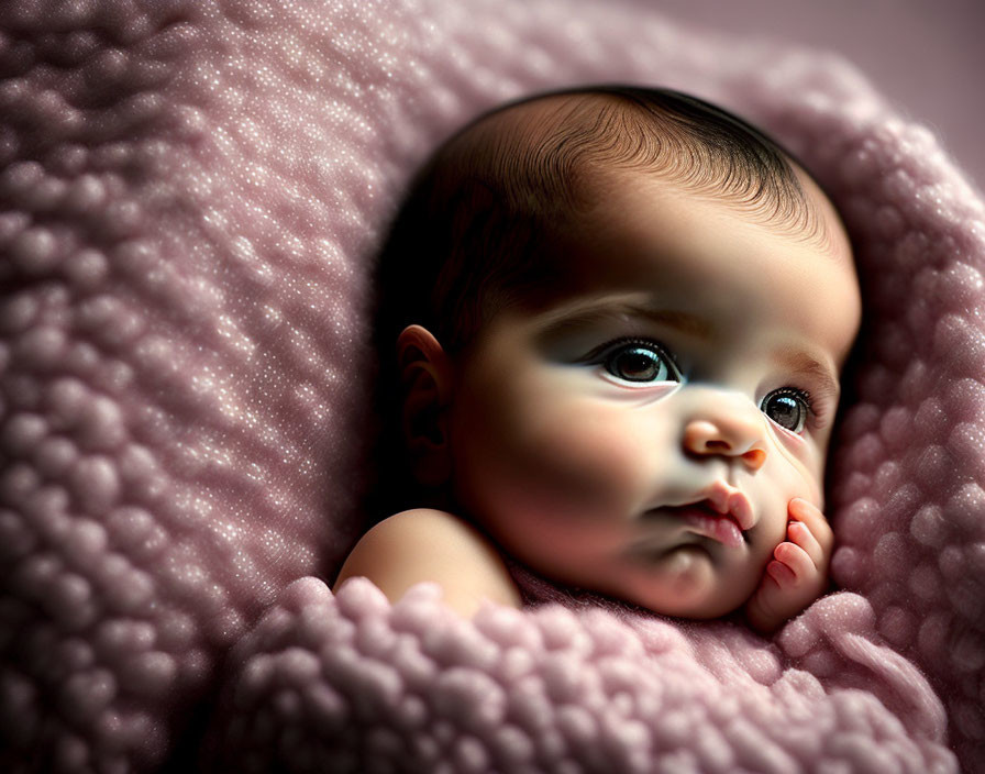 Adorable Infant with Big Eyes in Pink Blanket