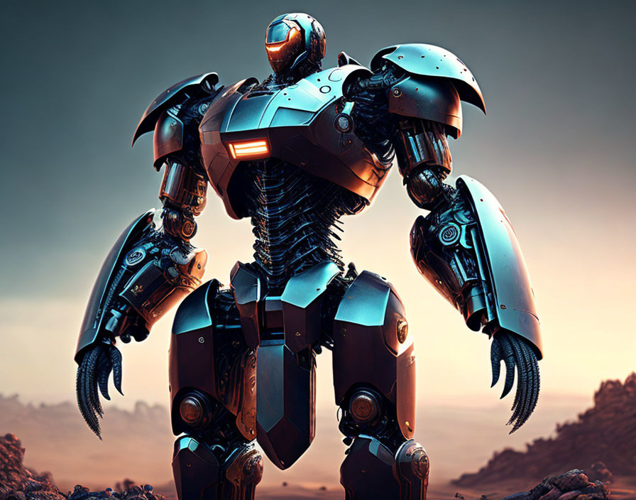 Detailed bipedal robot with sleek metallic design under orange light against dusky sky.