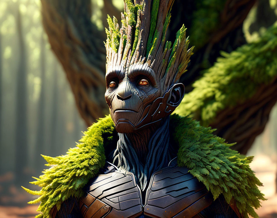 Detailed humanoid tree-like creature with textured bark skin and penetrating eyes.