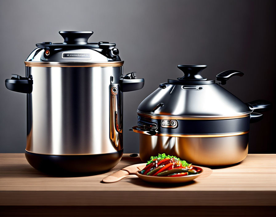 Shiny modern kitchen pots on wooden countertop with vegetables plate