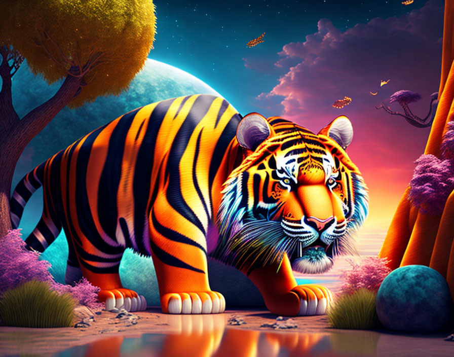 Colorful digital artwork: Majestic tiger in fantasy landscape with moon & flying creatures