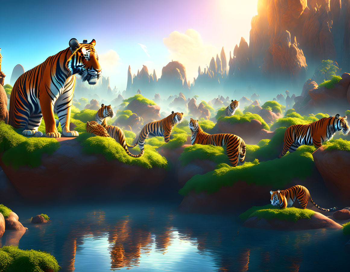 Fantastical landscape with tigers on mossy rocks by river & towering formations under blue sky