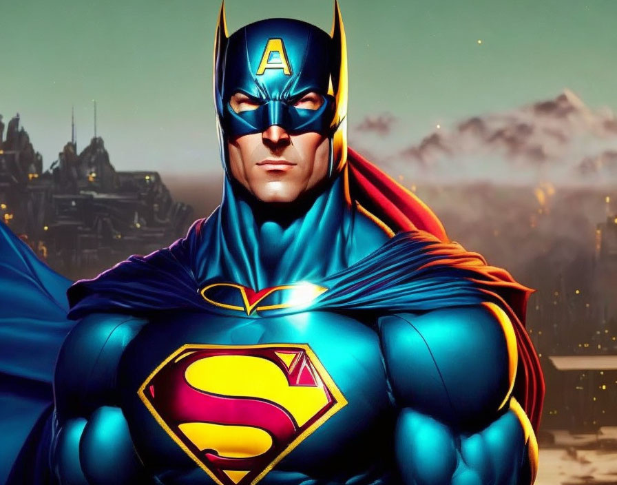 Superhero mashup with Batman, Captain America, and Superman symbols in futuristic cityscape