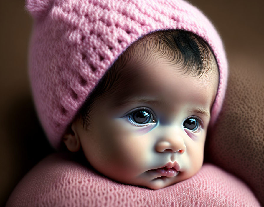 Blue-eyed baby in pink knitted hat on brown background