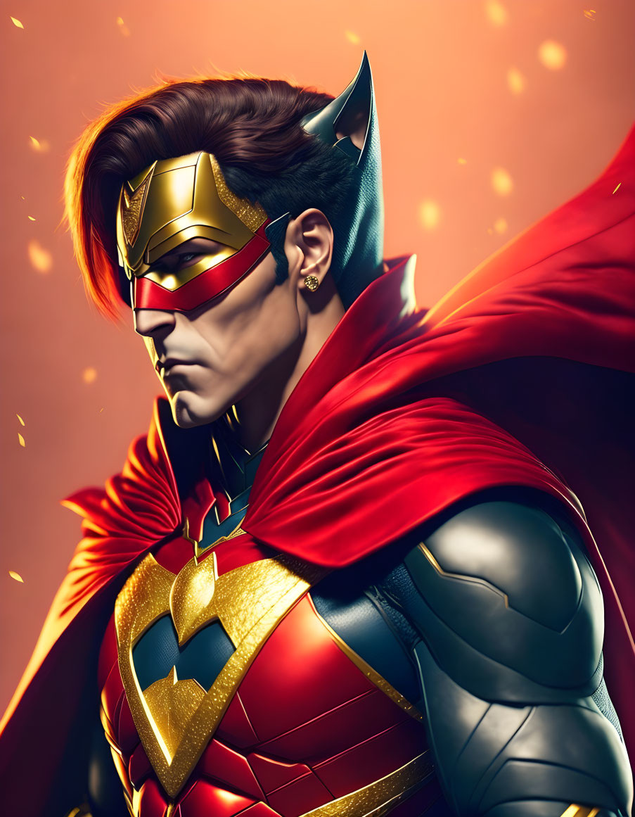 Superhero illustration with red cape and golden mask on fiery backdrop