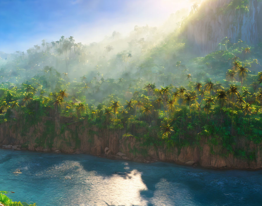 Tropical river scene with mist, cliffs, and palm trees