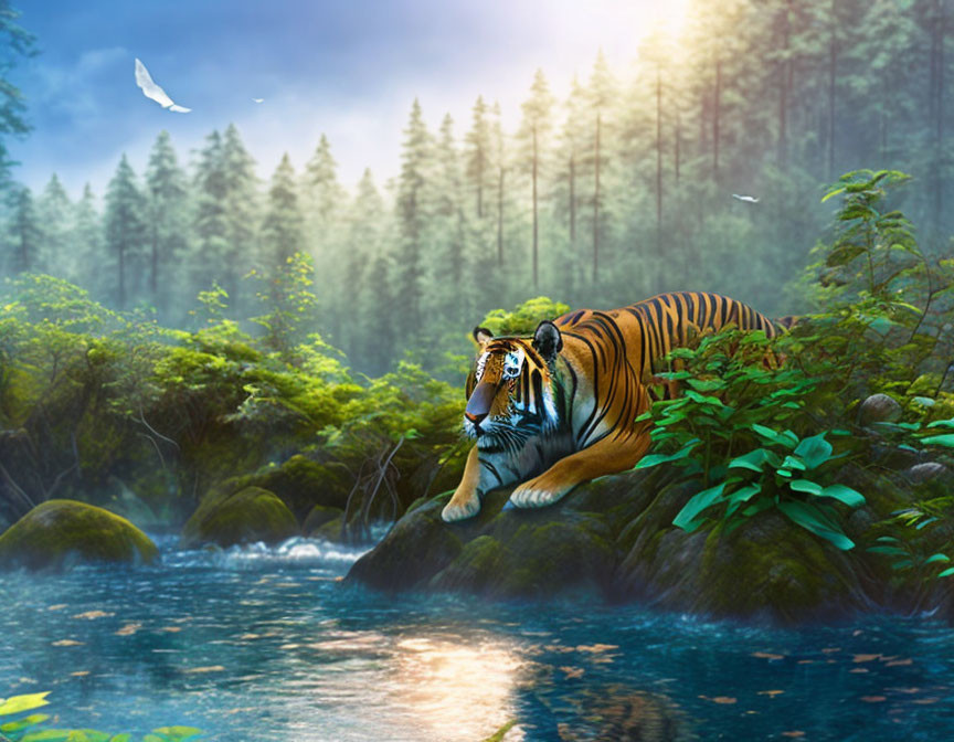 Majestic tiger leaping over blue stream in lush forest