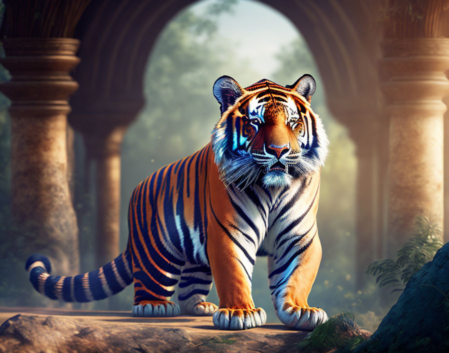 Majestic tiger under forest archway in sunlight