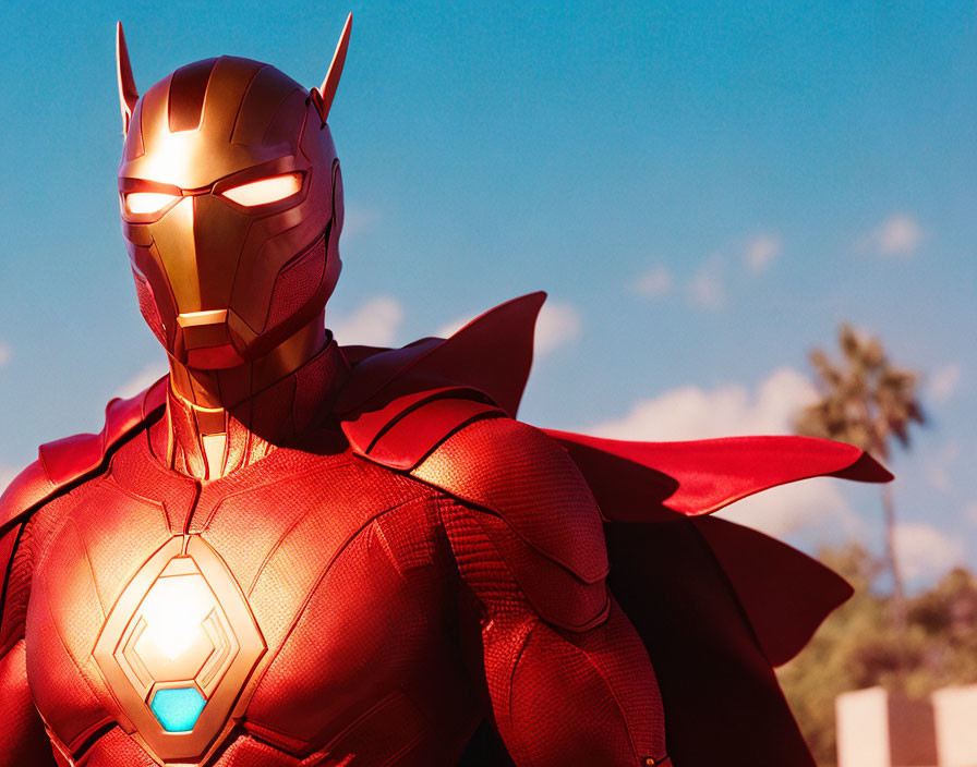 Detailed Iron Man Costume with Red and Gold Helmet and Armor under Blue Sky