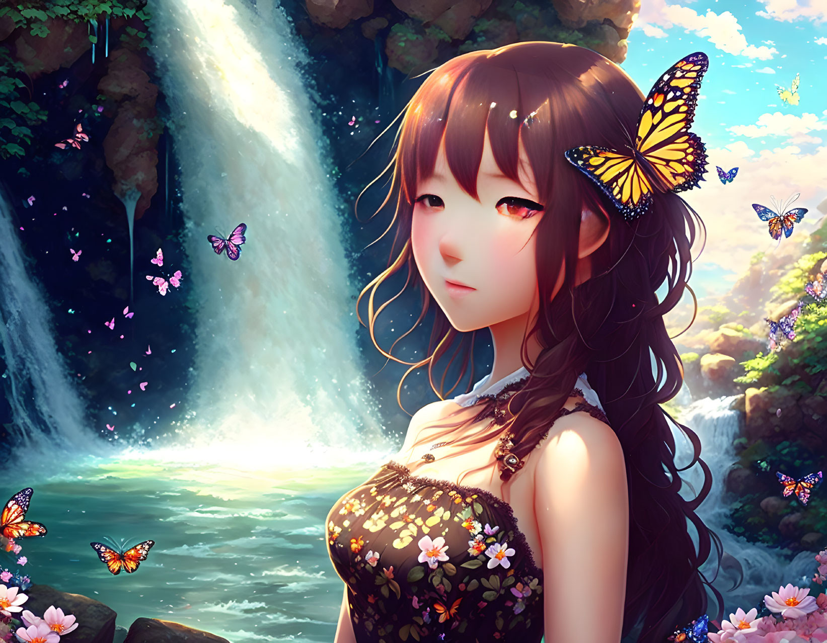 Brunette girl in floral dress by waterfall with butterflies