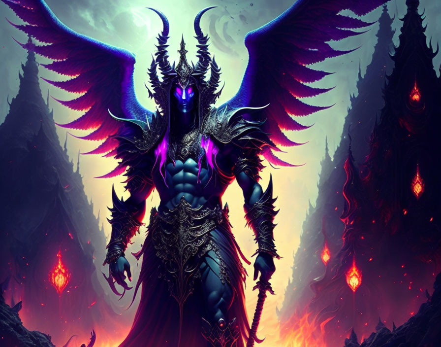 Fantasy character with wings and glowing aura in dark landscape