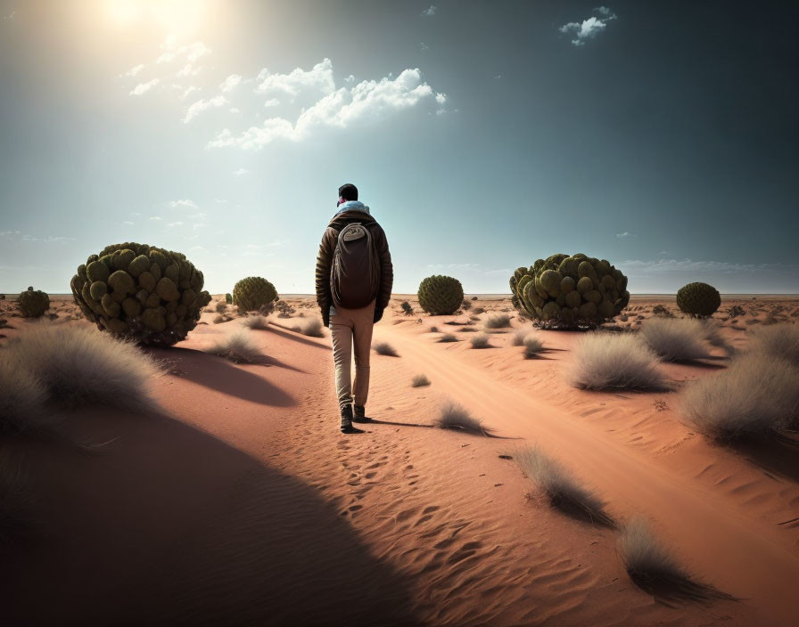 Solitary figure walking in sparse desert under clear sky