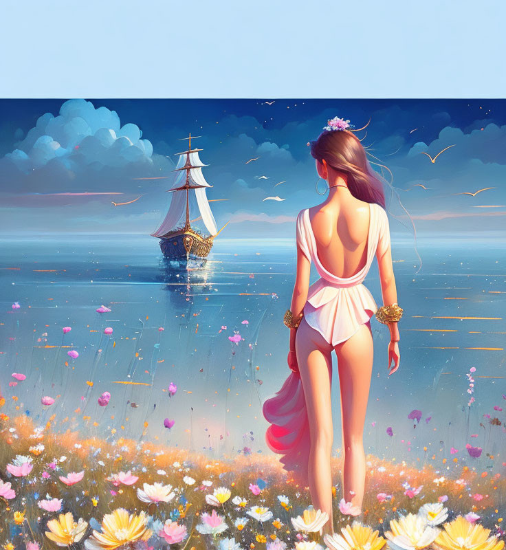 Woman in White Dress Gazing at Sailing Ship in Flower Field