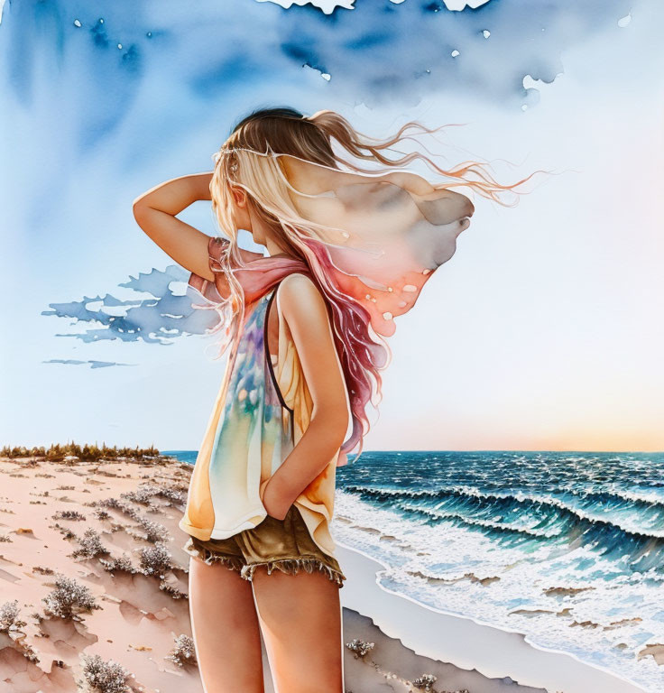 Surrealist artwork of woman merging with beach and sky