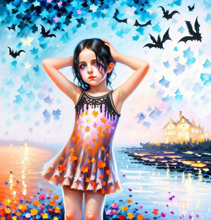 Young girl by reflective water with colorful dress, house, and bats in the sky