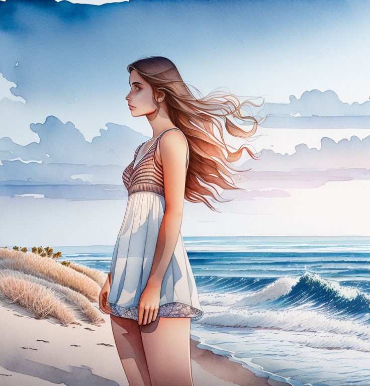 Illustration of woman on beach with wind-blown hair