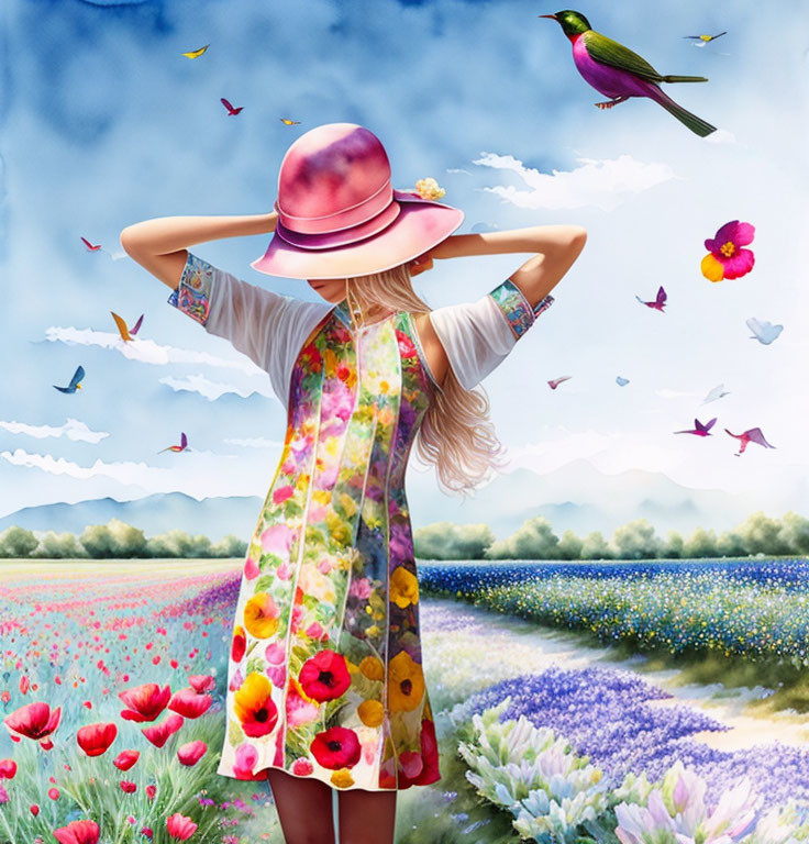 Woman in floral dress and pink hat in colorful flower field with birds.