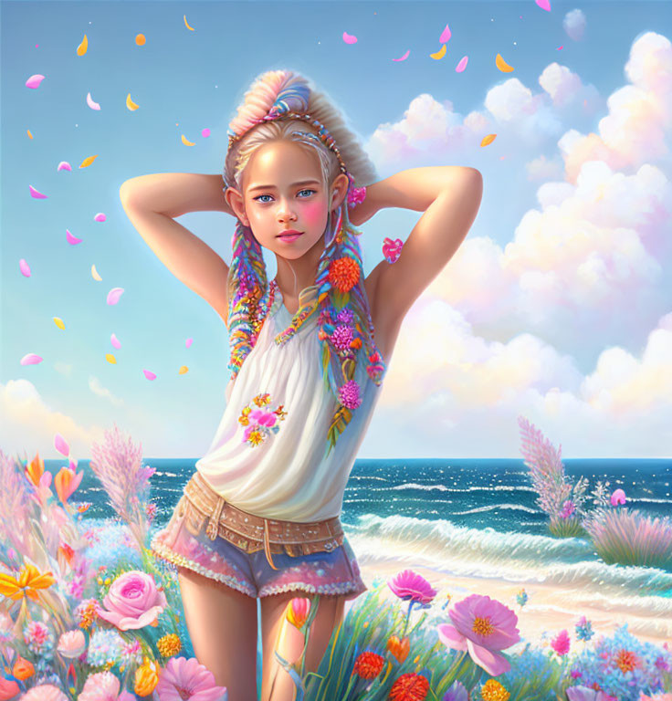 Digital artwork of young girl in blooming field by sea with wind-swept hair and flying petals