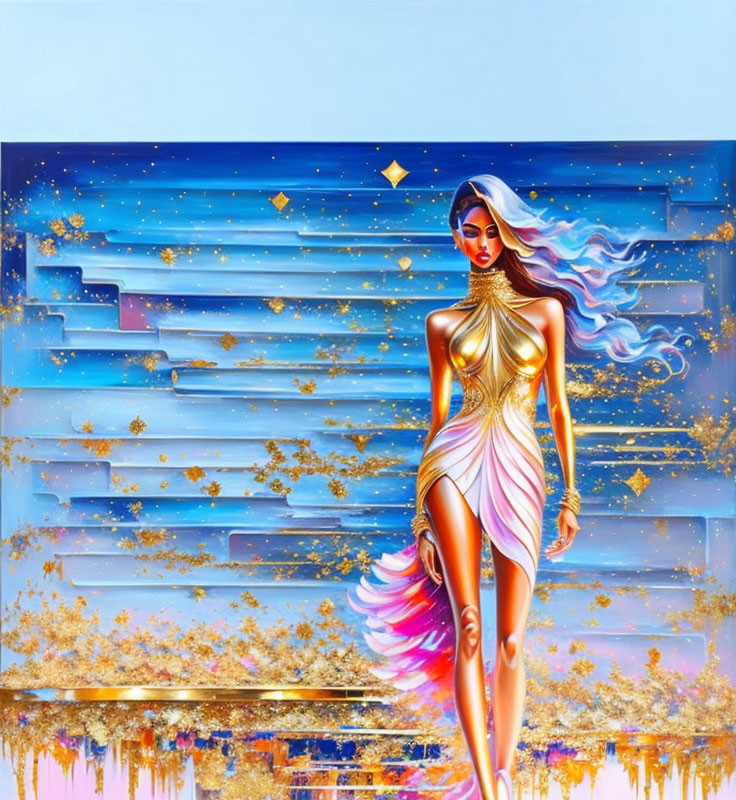 Colorful Artwork of Woman in Golden Dress on Starry Background