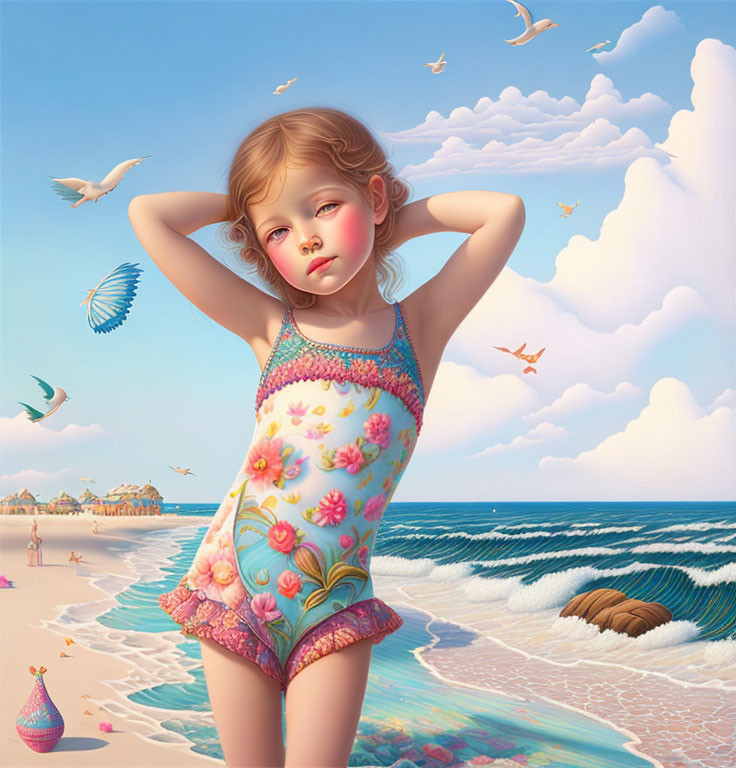 Digital artwork featuring young girl in floral swimsuit on beach with seagulls and coastal scene