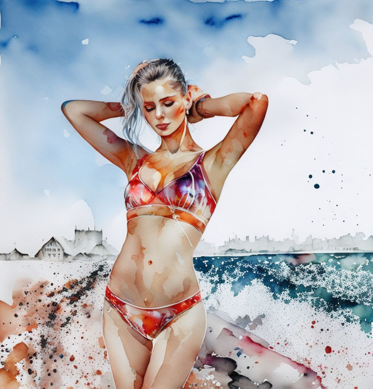 Colorful watercolor illustration of woman in bikini with urban skyline hint