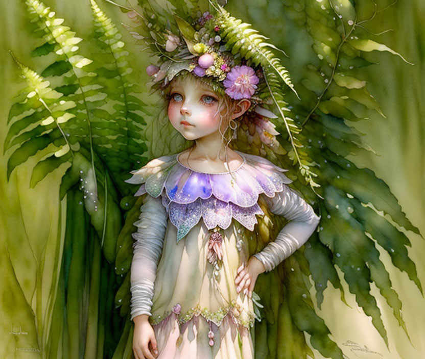 Illustration of young girl with blue eyes in floral headdress among green ferns