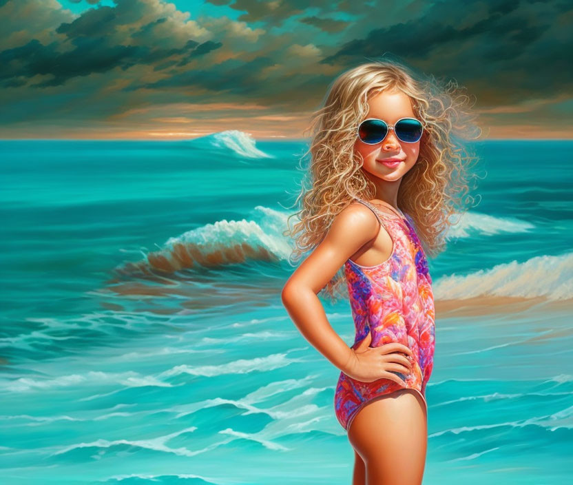 Curly blond girl in pink swimsuit against vibrant seascape