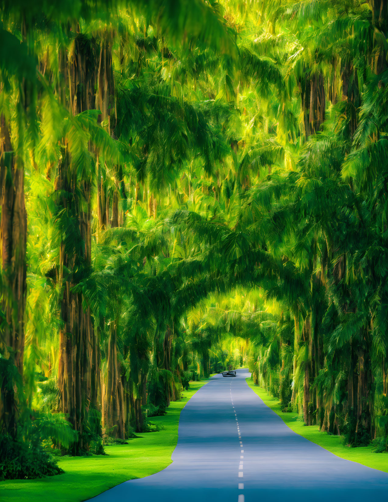 Tranquil Tree-Lined Road with Palm Tree Archway