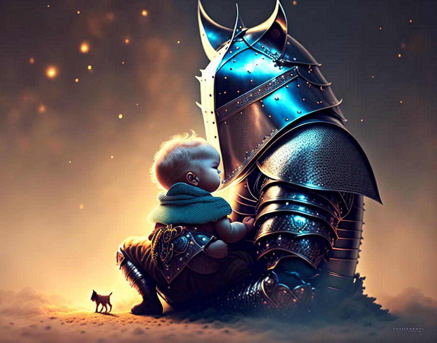 Baby leaning against knight in shining armor with cat under warm light