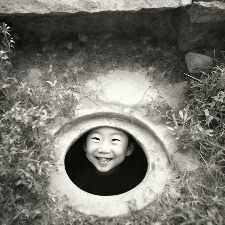 Child's Face Peeking Through Circular Hole in Ground, Black and White Photo