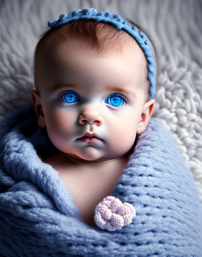 Blue-Eyed Baby Wrapped in Knitted Cloth and Headband