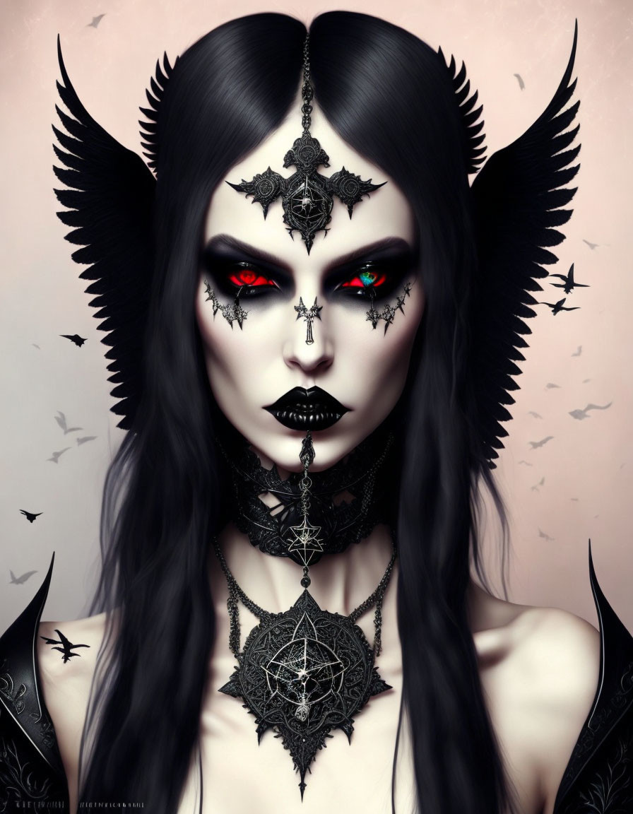 Gothic figure with black wings and red eyes in dark makeup