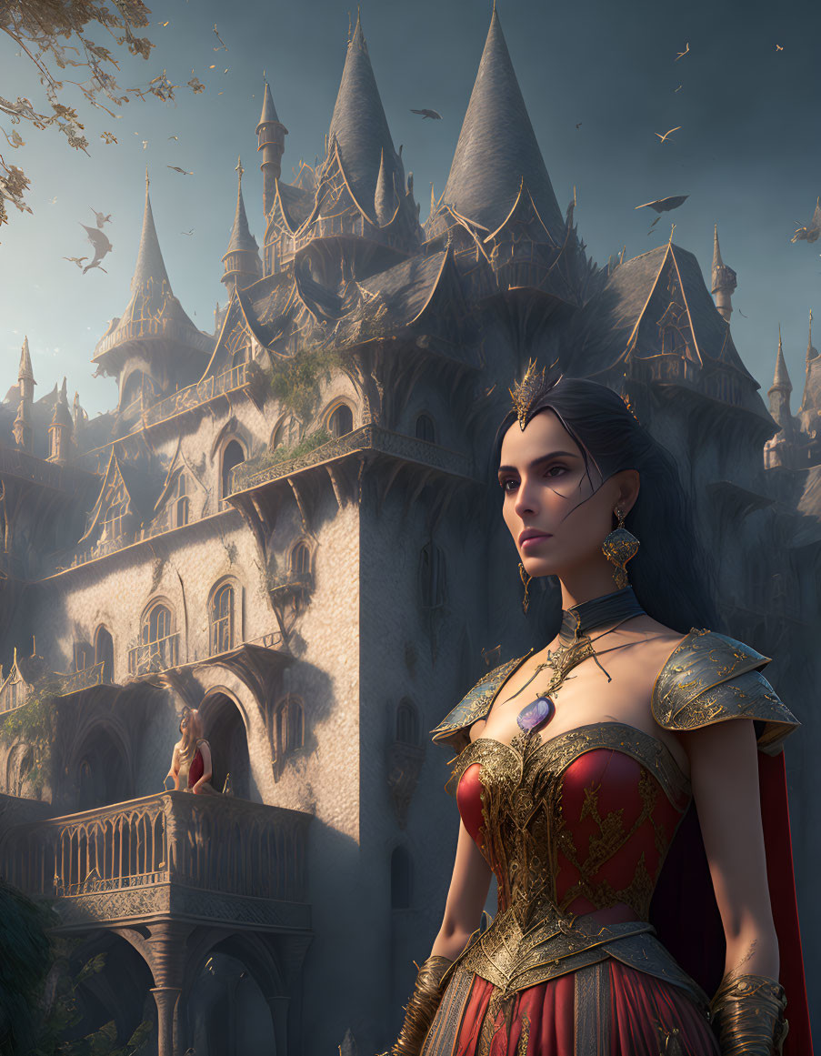 Regal woman in red dress at fantastical castle with birds