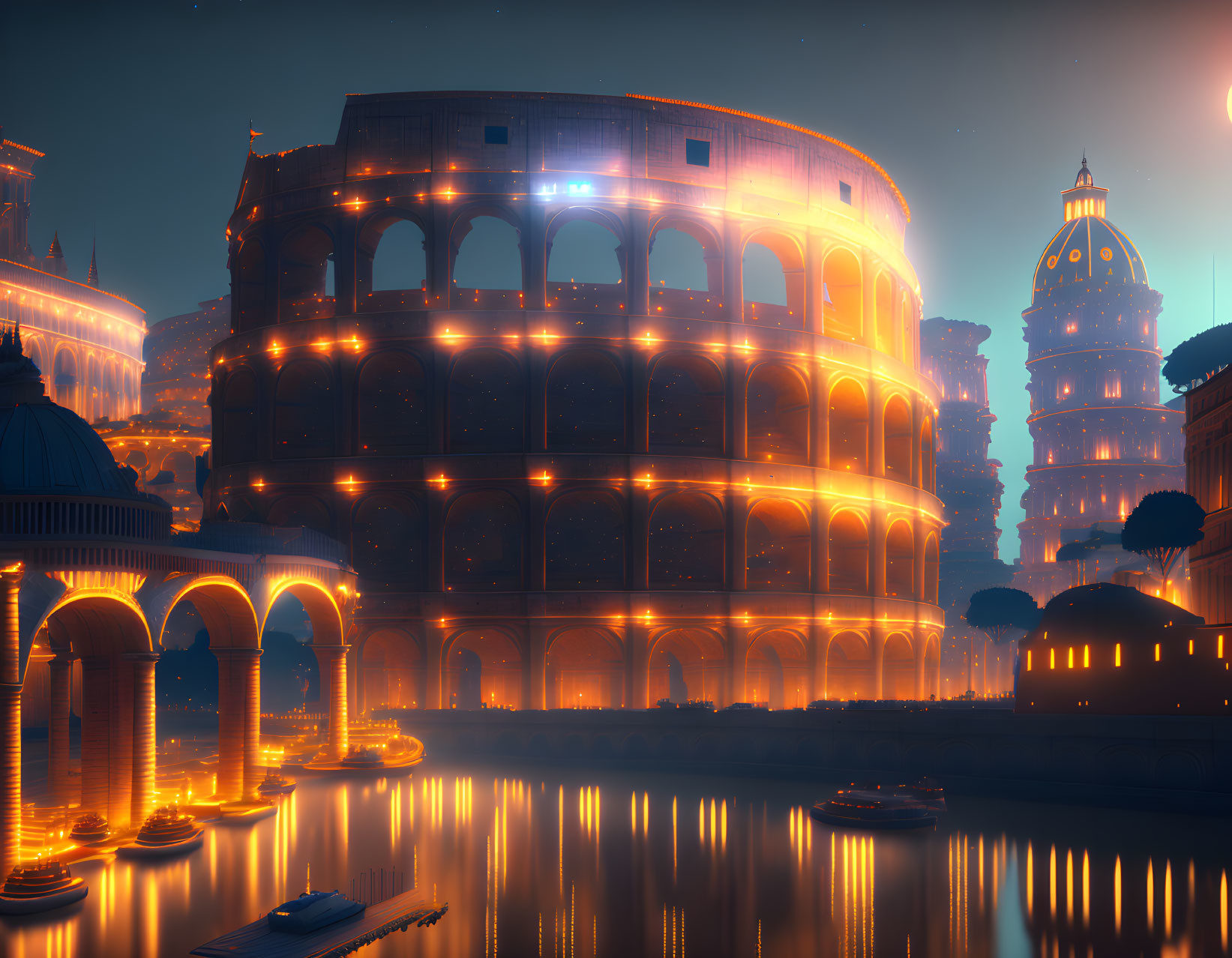 Futuristic illuminated Colosseum by river at dusk