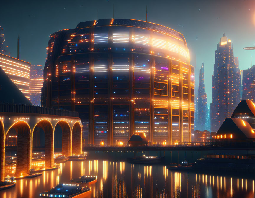 Futuristic night cityscape with illuminated skyscrapers and round building reflecting on water