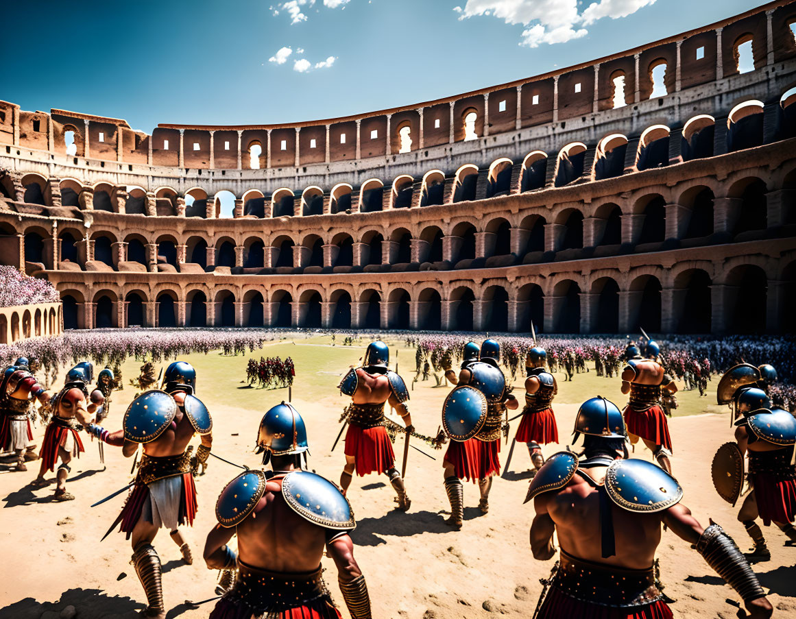 Roman Gladiators Reenacting Battle in Colosseum Arena