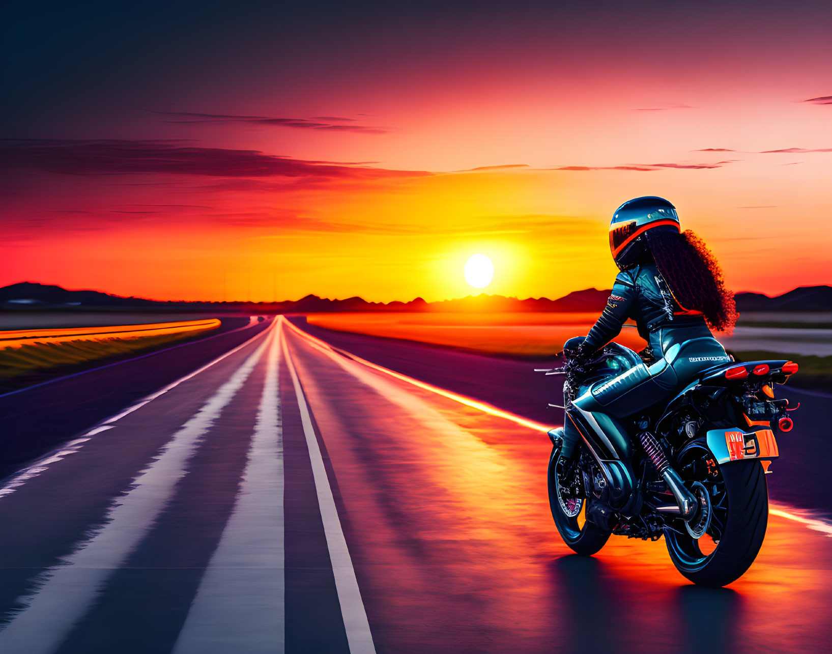 Motorcycle rider speeding on empty road at sunset